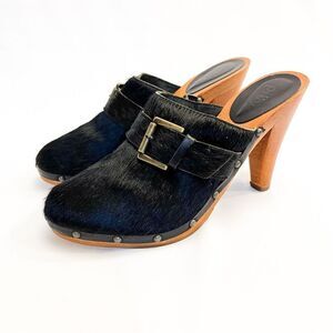 🍋 Plëy • Women’s Wooden High Heel Calf Hair Clogs Size 39EU